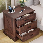HOMMPA 24'' Farmhouse Nightstand with Charging Station, Bedside Tables with Storage, Side Table with USB Port, 3 Drawers End Table Dresser, Wood Night Stand for Bedroom, Living Room, Maroon Brown
