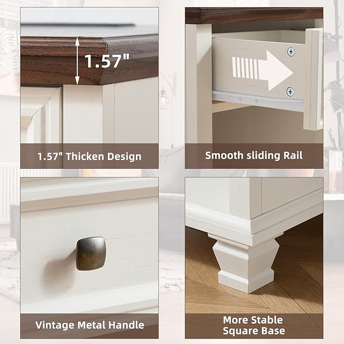 Farmhouse Side Table Set of 2 with Charging Station, Rustic Wood End Table with Drawer, Small Nightstands with Open Shelf for Bedroom, End Tables for Living Room, White