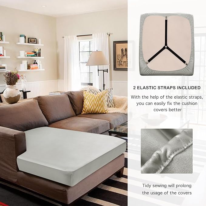 Yates Home Couch Covers for Sectional Sofa L Shape PU Leather Slipcover Water-Proof Elastic Chaise Seat Cover Protector Slip Cover for Settee Seater Replacement in Living Room（Chaise, Greylish Beige