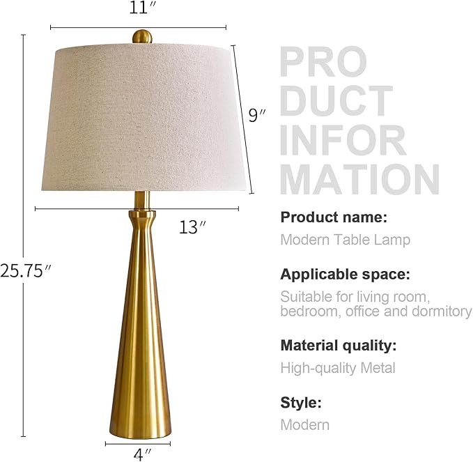 Oneach 25.75" 3-Way Dimmable Touch Control Modern USB Table Lamp Set of 2 for Living Room Bed Room Bedside Nightstand Lamps Fabric Shade Vintage Accent Light Gold Antique Brass