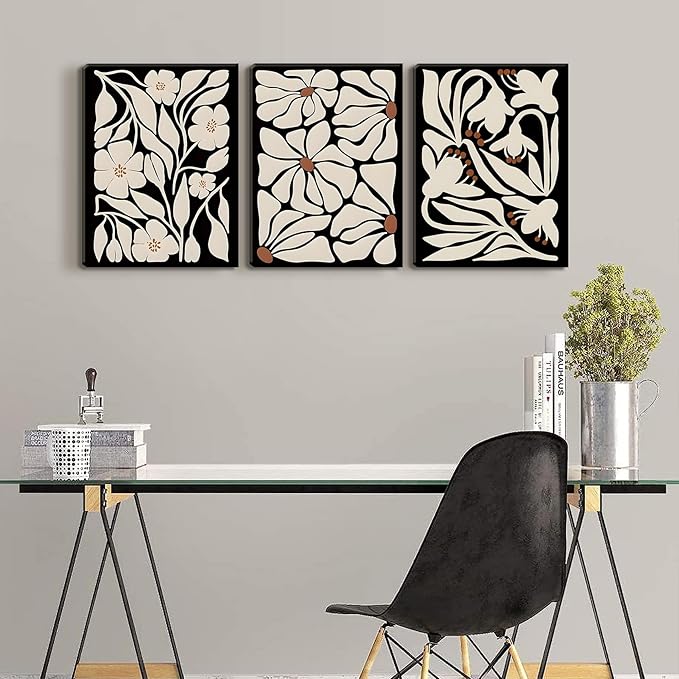 QGNBGBJ Framed Black Boho Flowers Plant Wall Art Abstract Botanical Flower Canvas Poster Vintage Bohemian Neutral Floral Prints Wall Decor Trendy Black Beige Floral Set for Girl Bedroom(16x24in)