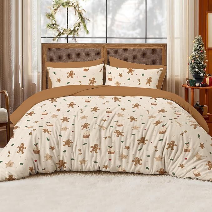 Christmas Comforter Set Twin Size, Christmas Bed Set with Gingerbread Beige Bedding Set for Holiday, 2 Pieces 1 Super Soft Comforter and 1 Pillowcase