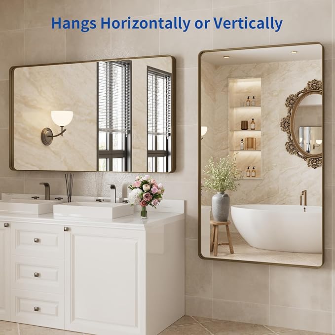 WEER 50x30 Inch Bronze Bathroom for Wall, Farmhouse Oil Rubbed Bronze Mirror, Rectangle Bronze Vanity Mirror with Aluminum Alloy Brushed Metal Frame, Tempered Glass, Anti-Rust (Horizontal/Vertical)