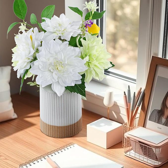 Fake Flower with Vase,White Silk Dahlia Artificial Flowers in Modern Ceramics Vase for Home Bathroom Office Desk Party Centerpiece Coffee Table Decor