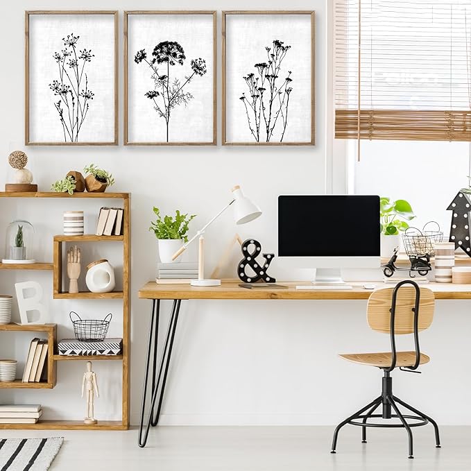 Flower Plant Wall Art Decor 16"x11" Set of 3 Black And White Botanical Painting Wood Framed For Minimalist Bedroom Office Rustic Living Room Abstract Wildflower Sign Hanging (Wood White)