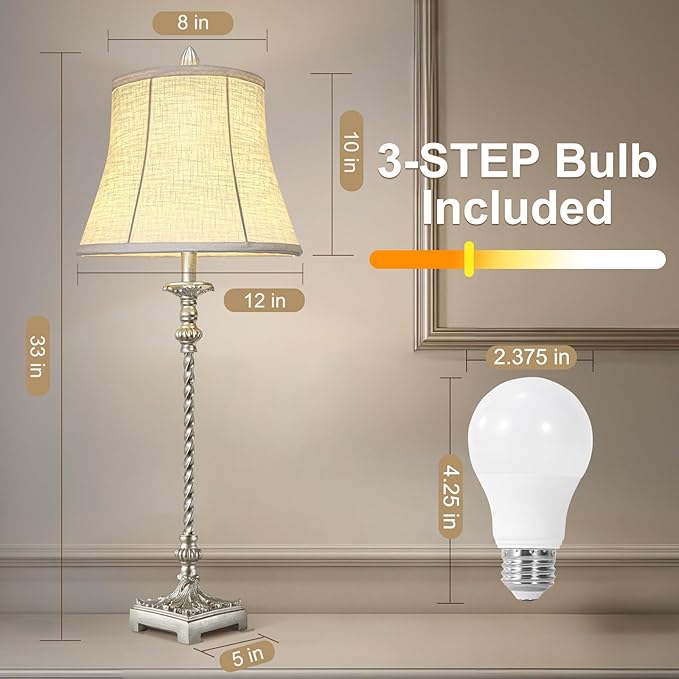 Candle Stick Buffet Table Lamp Set of 2, 33'' Vintage Nightstand Lamps with Silver Leaf Finish and White Linen Shades, 3-Way Dimmable Bulb Included, Country Style Bedside Lamps for Living Room Bedroom
