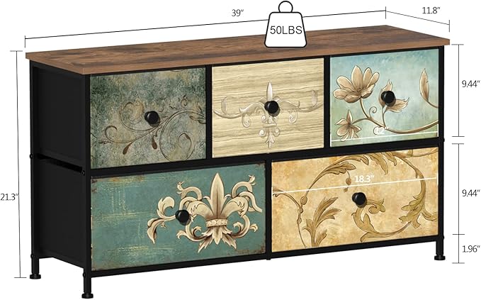 Tohomeor Dresser with Drawers for Bedroom Chest of Drawers Fabric Dresser for Closet,Nursery Entryway Hall Tree TV Stand for Living Room Retro Floral Pattern Drawers Wooden Top (5 Drawers)