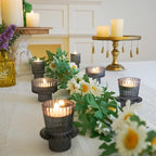 Double Sided Vintage Ribbed Taper Glass Candle Holders,Tea Candle Holder for Table Centerpieces, Wedding Decorations and Dinner Parties (Gray, 6 PCS)