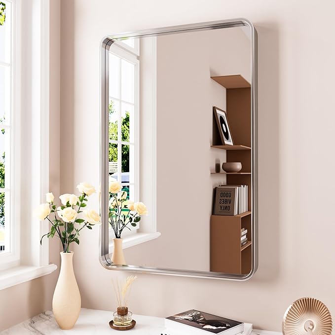 Brushed Nickel Bathroom Mirror 28x36 Inch, Brushed Silver Metal Frame Mirror Wall Mounted, Rounded Rectangle Bathroom Vanity Mirror, Tempered Glass, Anti-Rust, Horizontal/Vertical