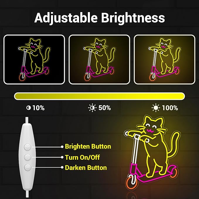 Cute Cat Neon Sign, Skateboard Neon Signs for Wall Decor Dimmable USB Room Decor for Teen Girl, Party, Bedroom, Pub, Furniture, Gifts for Birthday, Christmas (Skateboard Cat-Yellow)