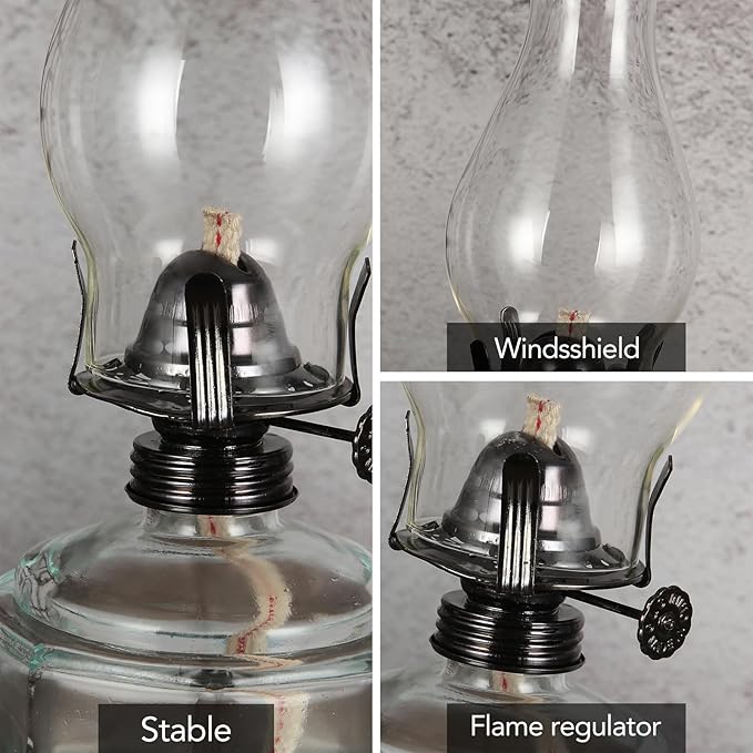 2 Pack Large Oil Lamp Vintage Glass Kerosene Lamp Antique Black Oil Lamps for Indoor Use Emergency Lighting Rustic Hurricane Lamp Clear Chamber Oil Lantern 12.5 Inch