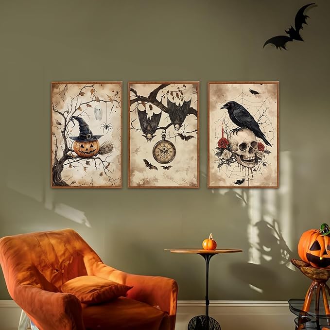HLNIUC Vintage Halloween Decor Framed Gothic Skull Wall Art Set of 3(16”x24”) Floral Raven Crow Wall Decor,Horror Pumpkin Dark Academia Canvas Painting bats prints for Living Room Bedroom Goth Party
