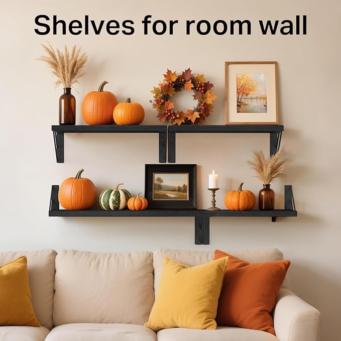 BAYKA Wall Mounted Floating Shelves, Wood Floating Wall Shelf for Books & Decor, Small Space-Saving Display & Organizer（Black，Set of 4）