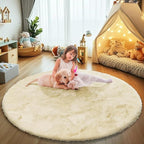Fluffy Round Area Rugs for Bedroom,Ivory 5'X5'Shag Circle Area Rugs for Girls Room,Non Slip Fuzzy Plush Rug for Kids Room Living Room and Dorm Home Rug