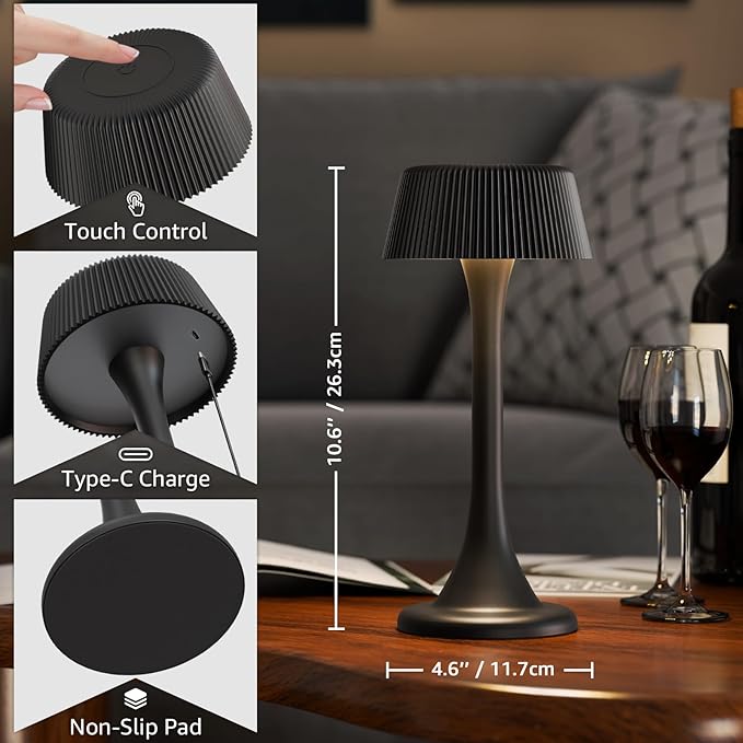 uuffoo Rechargeable Table Lamp, Outdoor Table lamp Cordless with Stepless Dimming & 3 Color Temperatures, Battery Operated Night Light for Patio, Bar, Restaurant, Home, Bedroom, Dining (Black)