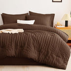 CozyLux Queen Comforter Set Brown Seersucker 7 Pieces Bed in a Bag Queen Comforter Set with Sheets, Luxury Soft Bedding Set with Down Alternative Comforter, Sheets, Pillowcases & Shams for All Seasons