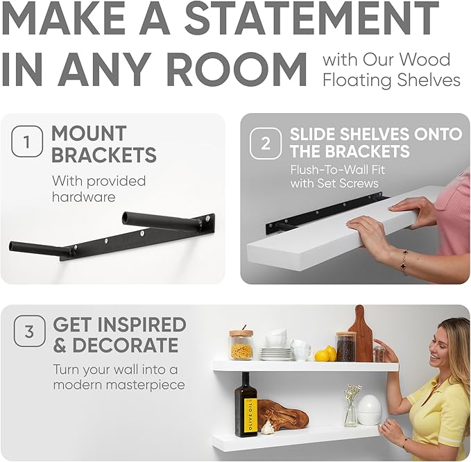 Homeforia Floating White Shelf 60 inches, High End Solid Real Wood 60inch Long Floating Shelves for Wall Mounted, White Wooden 60in Floating Shelves, Heavy Duty Bracket, 60 X 6.5 X 1.75 inch, Set of 3