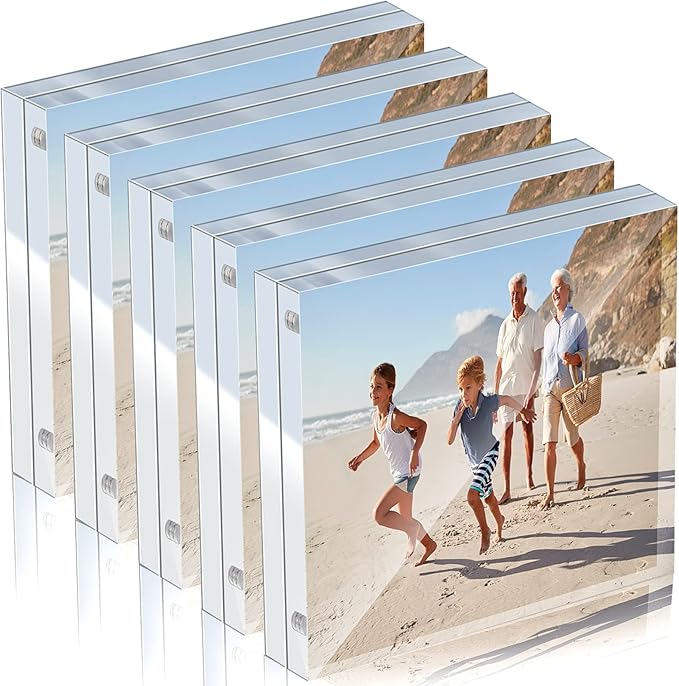 5 Pack 4 x 4 Inches Acrylic Picture Frame Desktop Frameless Photo Frame Double Sided Transparent Acrylic Frame Clear Horizontal Magnetic Frame for Desk Desktop Display Pictures Holder