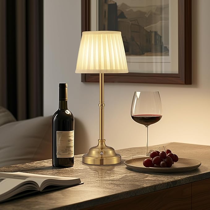 KDG Cordless LED Table Lamp Set of 2, Portables Fabric Shade Desk Lamps, 4000mAh Rechargeable Battery Powered Lighting, Dimmable Light for Dining Room, Bedroom, Bedside, Night Light, Balcony (Bronze)