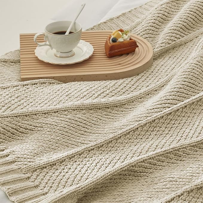 Amélie Home Chenille Knit Throw Blanket for Couch, Chevron Texture Decorative Soft Blanket for Sofa, Bed & Chair, 60"x80", Beige