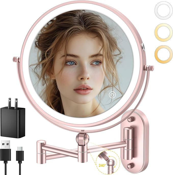 9" Wall Mounted Lighted Makeup Mirror,4000mAh Rechargeable Double Sided 1X/10X Magnifying Mirror with Light,3 Color Lights,Touch Dimmable,Extended Arm 360 Rotation Wall Mounted Makeup Mirror