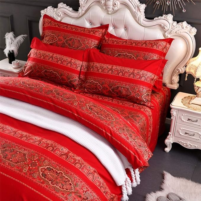 ABREEZE Queen Duvet Covers, Bohemian Retro Bedding Set, Coloful Mandala Down Comforter Cover, Boho Floral Style Quilt Cover, 100% Brushed Cotton, 1 Duvet Cover and 2 Pillow Shams,Red