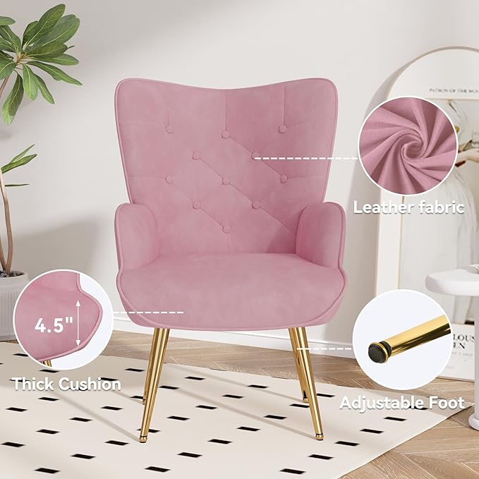 Nalupatio Mid Century Modern Accent Chair, Velvet Upholstered Armchair with Metal Legs, Tufted Button Wingback Side Chair, High Back Reading Chair for Living Room Bedroom, Pink