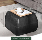 Genuine Leather Square Pouf Ottoman Footstool for Living Room, Bedroom, Indoor (Black)