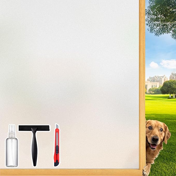 Frosted Glass Window Film Decorative with Reference Cutting Line, Bathroom Window Privacy Film for Glass Windows Cover, Static Cling, Removable, Reusable, Anti-UV, Anti-Glare, 35.4" x 78.7"