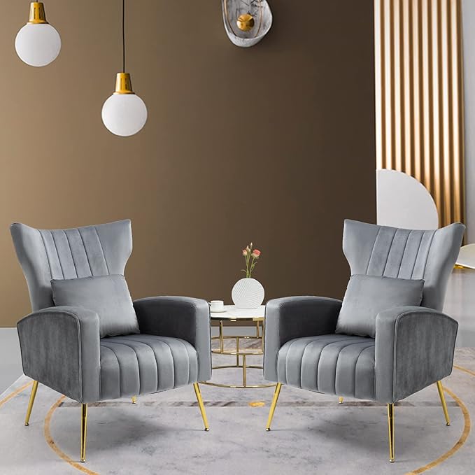 X-VOLSPORT Velvet Accent Chairs Set of 2, Mid Century Modern High Back Living Room Chair with Waist Pillow, Upholstered Arm Chair with Metal Gold Legs for Bedroom, Club, Grey