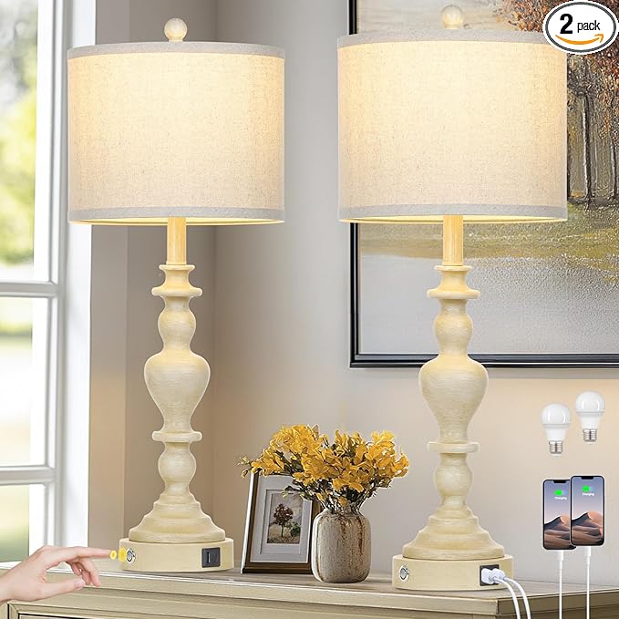27" Farmhouse Lamps Set of 2 with USB C+A Charging Ports, Vintage Rustic Touch Control Table Lamp for Living Room, 3-Way Dimmable Traditional Nightstand Bedside Lamp for Bedroom Resin Washed Beige