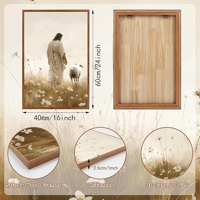 KAIRNE Jesus Framed Canvas Wall Art,Lost Sheep Wall Decor Set of 3(16”X24”),Holy Christian Art Print,Religious Scripture Pictures,Bible Renaissance Wall Painting for Living Room,Bedroom,Church Decor