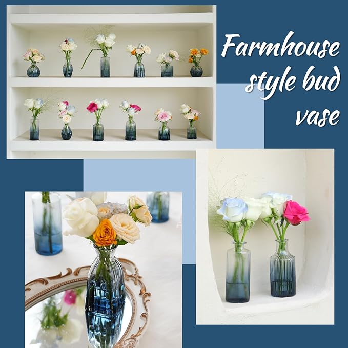 Bud Vases Set of 12, Gradient Blue Glass Vase Vintage Flower Vase for Decor Ribbed Small Bud Vases in Bulk Cute Wedding Birthday Party Centerpieces Table Decoration Home Decor