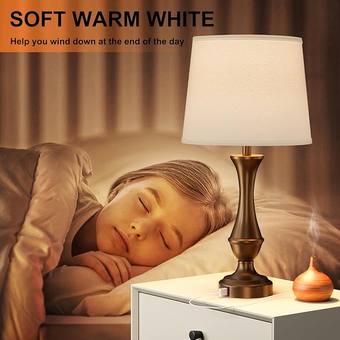 Upgraded Touch Lamps for Night Stands Set of 2 - Bedside Lamps with USB C+A, 3 Way Dimmable for Bedroom Living Room End Tables Office (White&Brown)