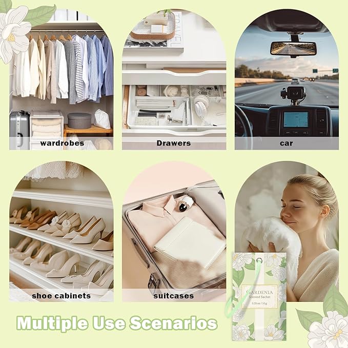 SCENTORINI Scented Sachets for Drawers and Closets, Gardenia Scent 14 Pack, Long-Lasting Sachets Bags Wardrobe Freshener, for Shoe Wardrobe, Cupboard