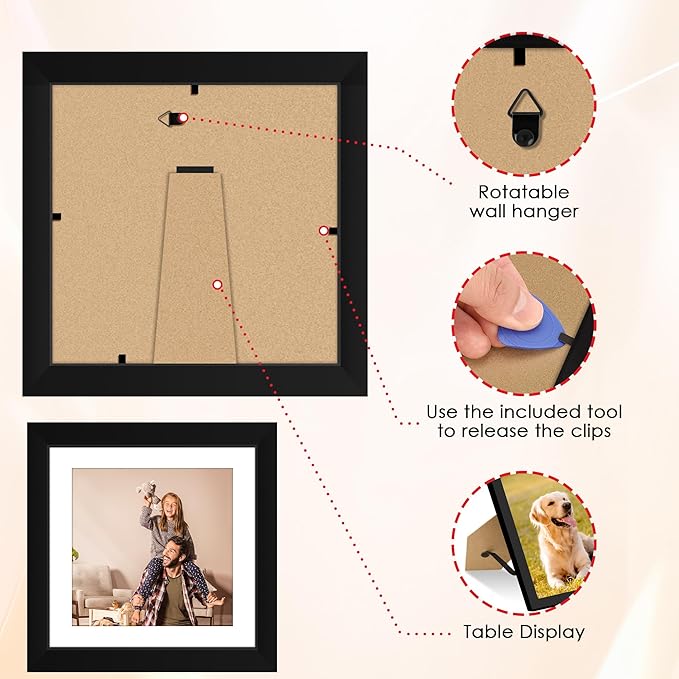 FIXSMITH 8x8 Picture Frames Set of 2, Photo Frame with HD Plexiglass, Display Pictures 6x6 with Mat or 8x8 Without Mat Multi Picture Frames Collage for Tabletop or Wall Display, Black