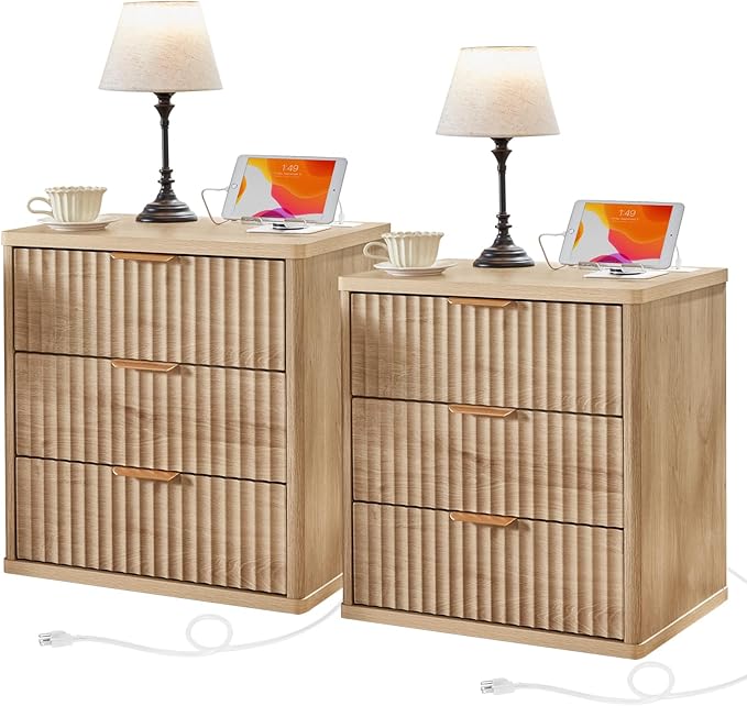 LEYAOYAO Fluted Nightstand Set of 2 with Charging Station,23" Modern Nightstand with Woodgrain Top, 3 Drawer End Table w/Storage, BedsideTables for Bedroom, Living Room, Curved Profile,Wood