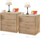 LEYAOYAO Fluted Nightstand Set of 2 with Charging Station,23" Modern Nightstand with Woodgrain Top, 3 Drawer End Table w/Storage, BedsideTables for Bedroom, Living Room, Curved Profile,Wood