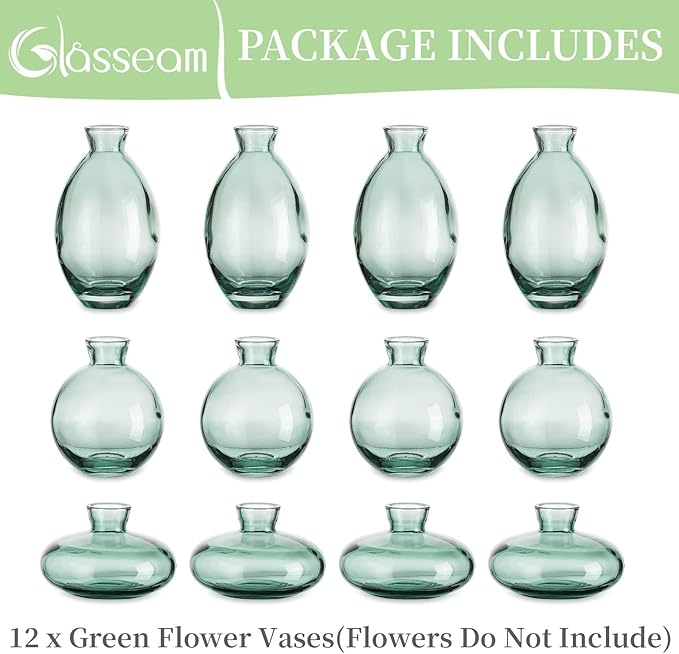Glass Bud Vase for Centerpieces: 12Pcs Glasseam Green Mini Small Vases for Flowers Bulk Flower Vase Set Aesthetic Cute Handmade Tiny Short Wedding Table Centerpiece Decor