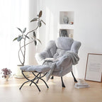 Plush Lazy Chair and Ottoman, Large Contemporary Accent Lounge Chair with Armrests and a Side Pocket, Modern Leisure Upholstered Sofa Reading Armchair with Footrest for Bedroom, Living Room