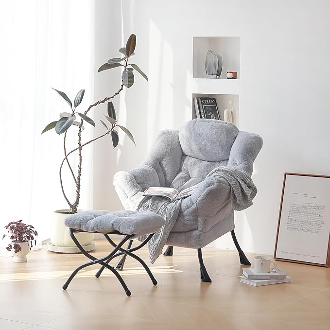 Plush Lazy Chair and Ottoman, Large Contemporary Accent Lounge Chair with Armrests and a Side Pocket, Modern Leisure Upholstered Sofa Reading Armchair with Footrest for Bedroom, Living Room