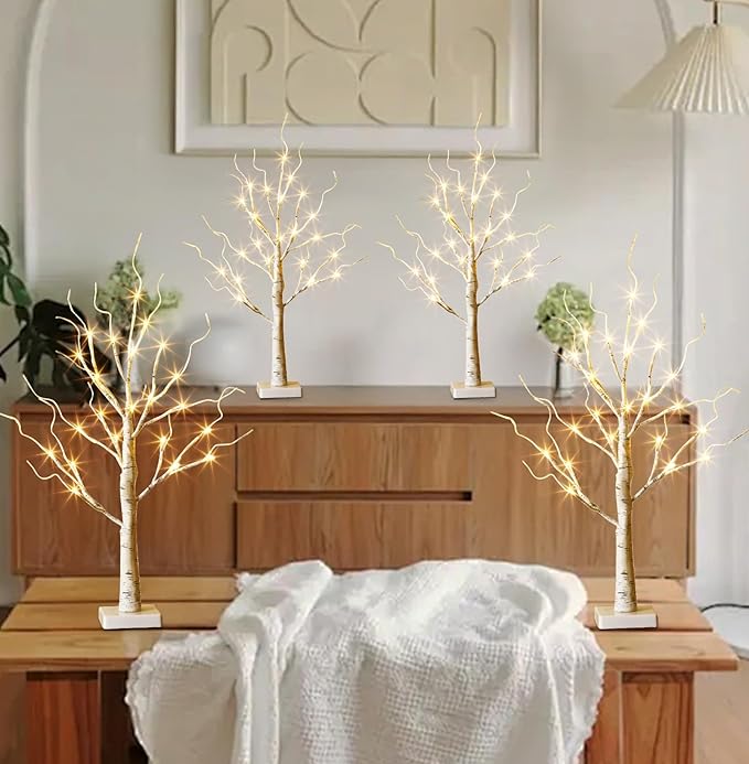 EAMBRITE Home Decorations Light Up White Birch Tree Indoor Christmas Decor, 4 Pack Battery Operated/USB Lighted Tabletop Money Tree Lamp Led Lights Easter Wedding Centerpiece Table Room (2 Ft)