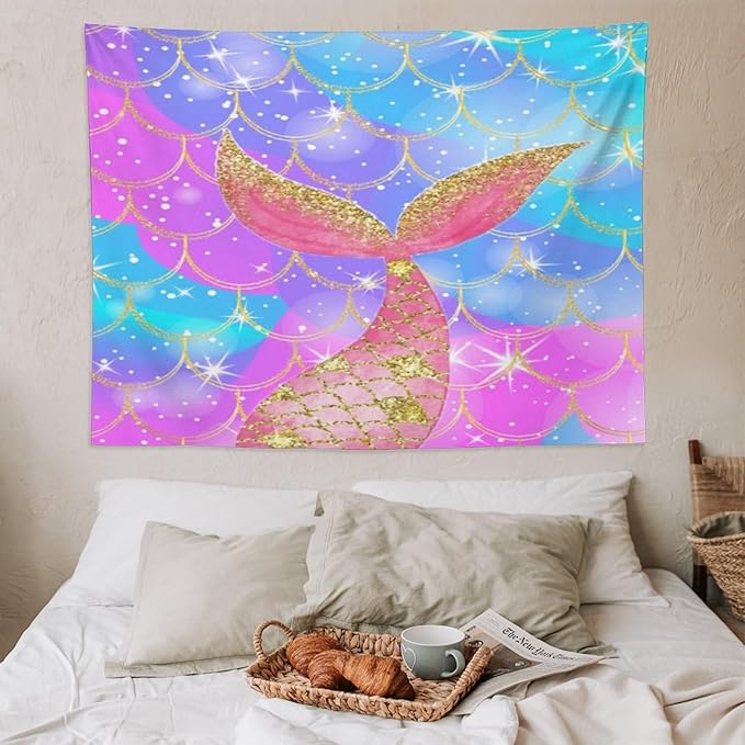 HZOHNAGO Mermaid Scales Tapestry Colorful Shiny Scales Mermaid Tail Pattern Printed Wall Tapestry Wall Hanging for Bedroom Living Room Dorm 80" W x 60" H