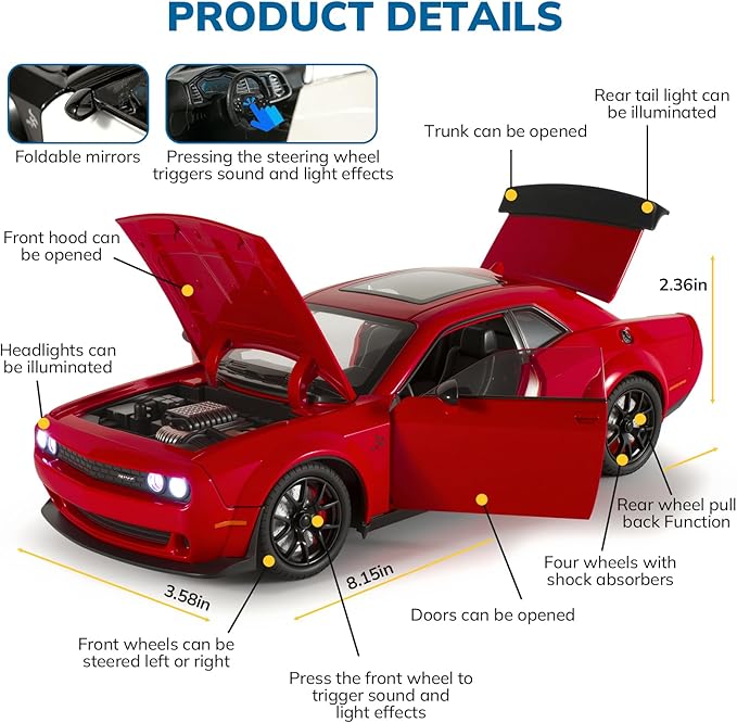 Car Toys for Boys 1/24 Diecast Cars Hellcat SRT Collectibles Model Kit,Pull Back Metal Toy Car with Lights and Sounds,Toy Cars for Boys Age 4-7（Red）