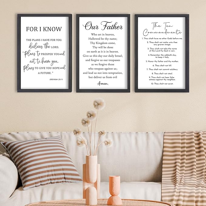 FZMHASLWW Bible Verse Scripture Wall Decor Art 24"×16" Inspirational Quotes Set of 3 Christian Sign Wood Framed Wall Hanging (Black