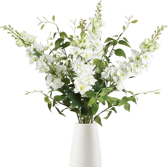 8PCS White Artificial Delphinium Flowers with Clematis Greenery Long Stem Flowers 29.5" Larkspur Artificial Flowers for Wedding Centerpieces Silk Flowers for Home Decor Indoor (White)