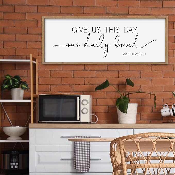 SRSZHIYUE Give Us This Day Our Daily Bread Sign Wall Decor Art 32"×12" Matthew 6:11 Dining Room Kitchen Large Wood Framed Wall Hanging (Wood)