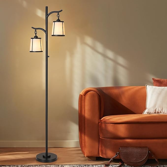 9MMML Farmhouse Floor Lamp for Living Room, 67'' Tall Floor Lamp with 2 Hanging Smooth Faux Leather Lamp Shade, Vintage Black Dimmable Standing Lamp for Bedroom, 2 x 800LM LED Bulbs Included
