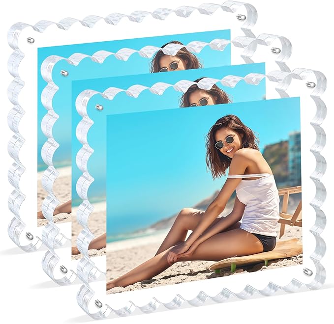 3Pack Scalloped Acrylic Photo Frame 8×10 Inch, 15+15mm Thick Block Clear Glass Photo Frame with Thick Block | Acrylic Picture Frames Modern Gift Set (3Pack, 8X10)