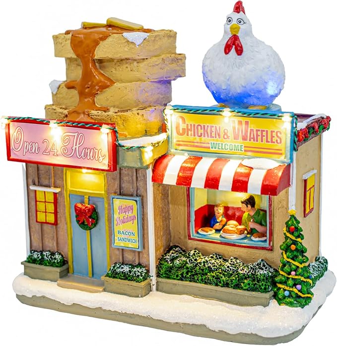 Chicken and Waffles Restaurant Themed LED Lights Animated Christmas Village with Motion and Sound 10" x 6" x 10"